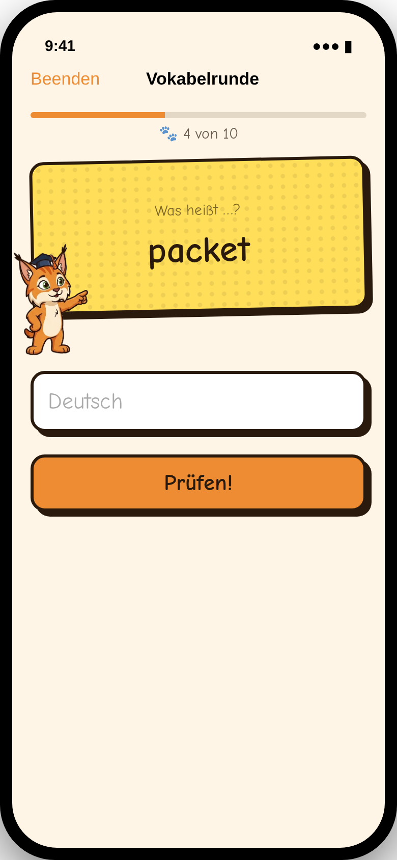 Lernkarte im Comic-Stil mit dem Wort packet, der Luchs zeigt darauf